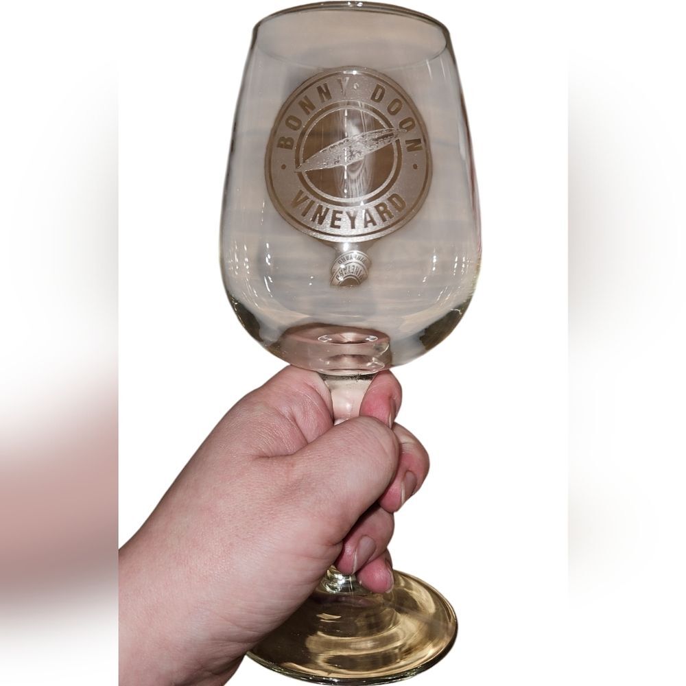 Bonny Doon Vineyard Santa Cruz California 2 Clear Etched Stemmed Wine Glasses